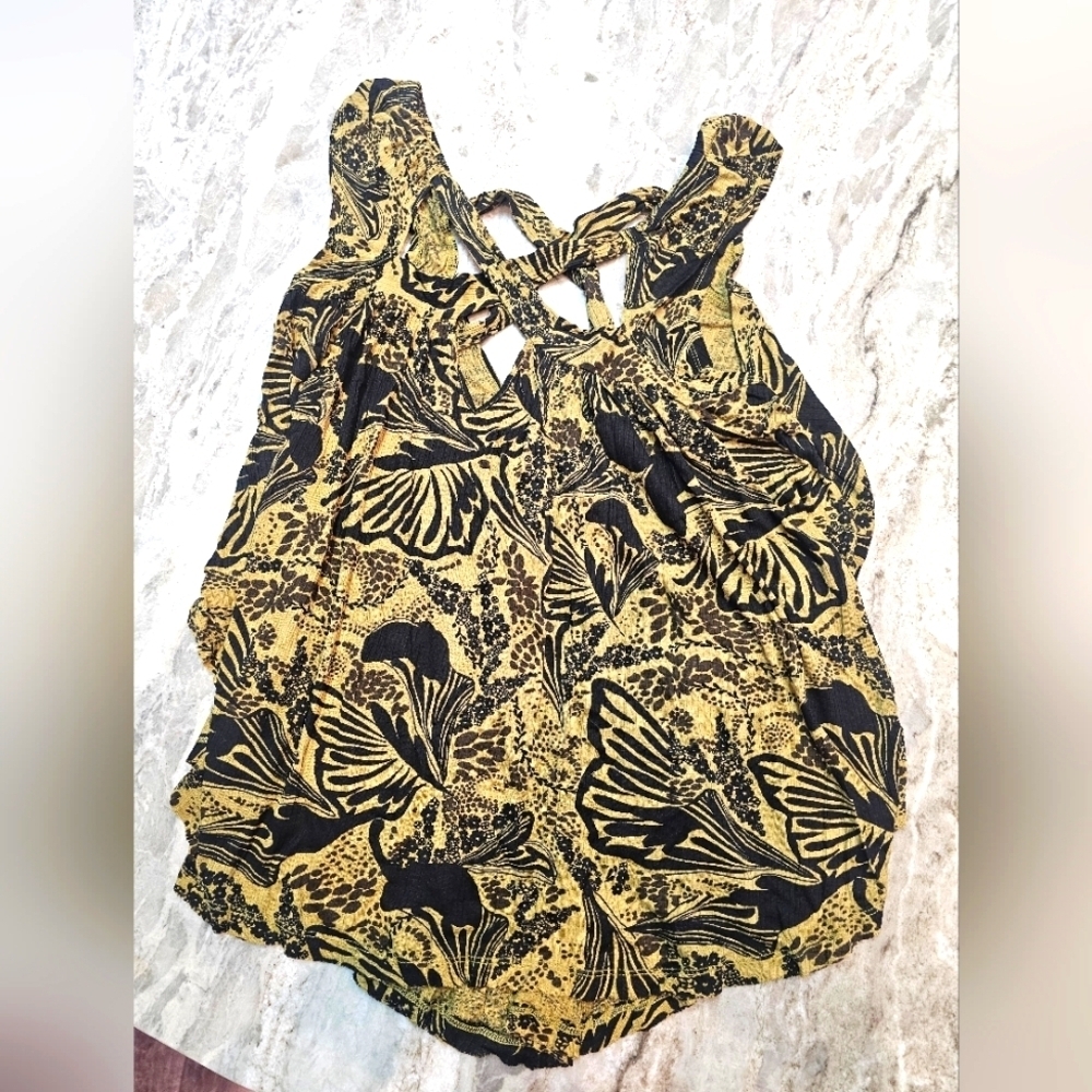 Free People Boho Twist-Back Tank Top S Butterfly Floral Mustard Black Rayon